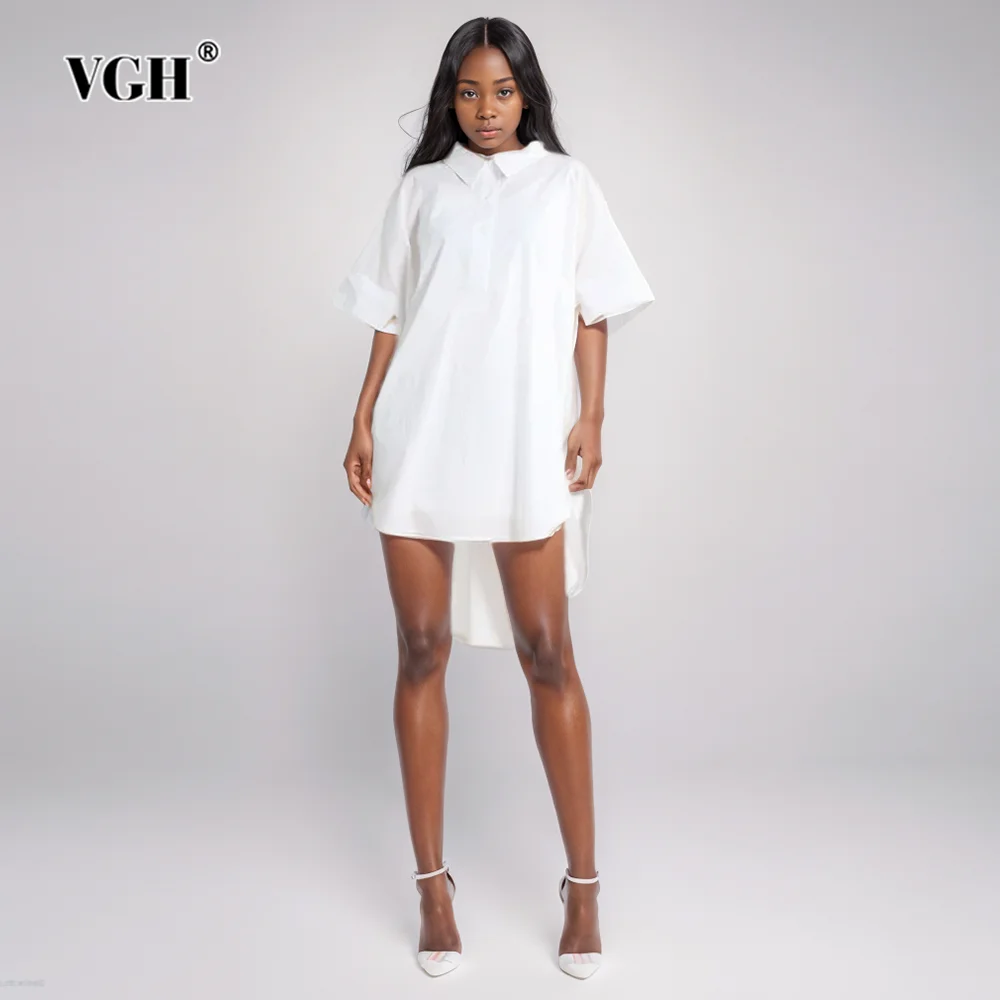 

VGH Solid Minimalist Long Blouses For Women Lapel Short Sleeve Patchwork Single Breasted Loose Casual Irregular Shirts Female