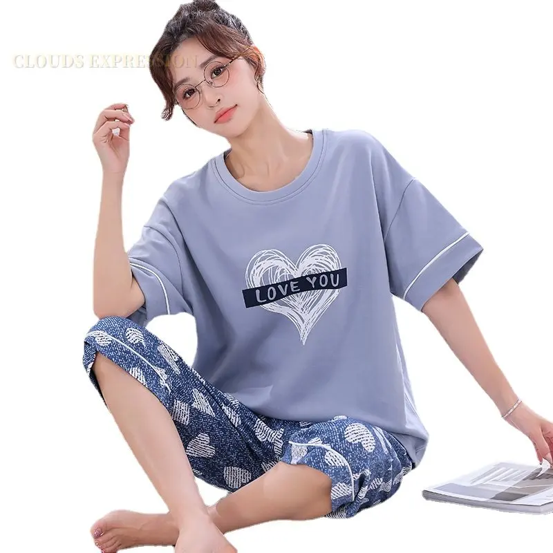 Summer Knitted Cotton Cartoon Pajamas Sets Women Pyjamas Sleepwear Nightwear Pijama Mujer Plus Size Calf-Length Pants Homewear