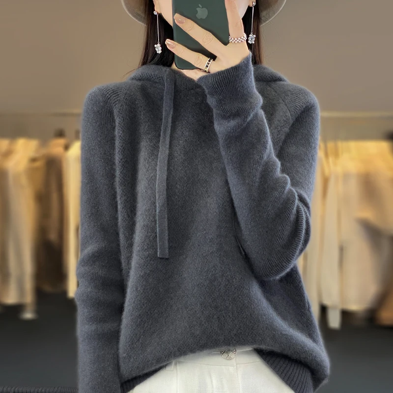 Autumn Winter Thick Hooded Cashmere Sweater 100% Merino Wool Women\'s Knitted Hoodie Fashion Honeycomb Long Sleeve Hoodie Tops