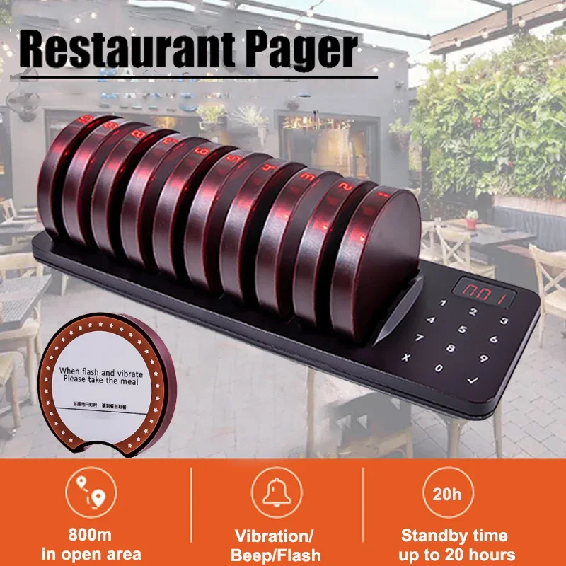 Restaurant Pagers Wireless Calling System 10 Vibrator Coaster Buzzer Beeper Receivers Queuing For Food Truck Coffee Bar Hotel