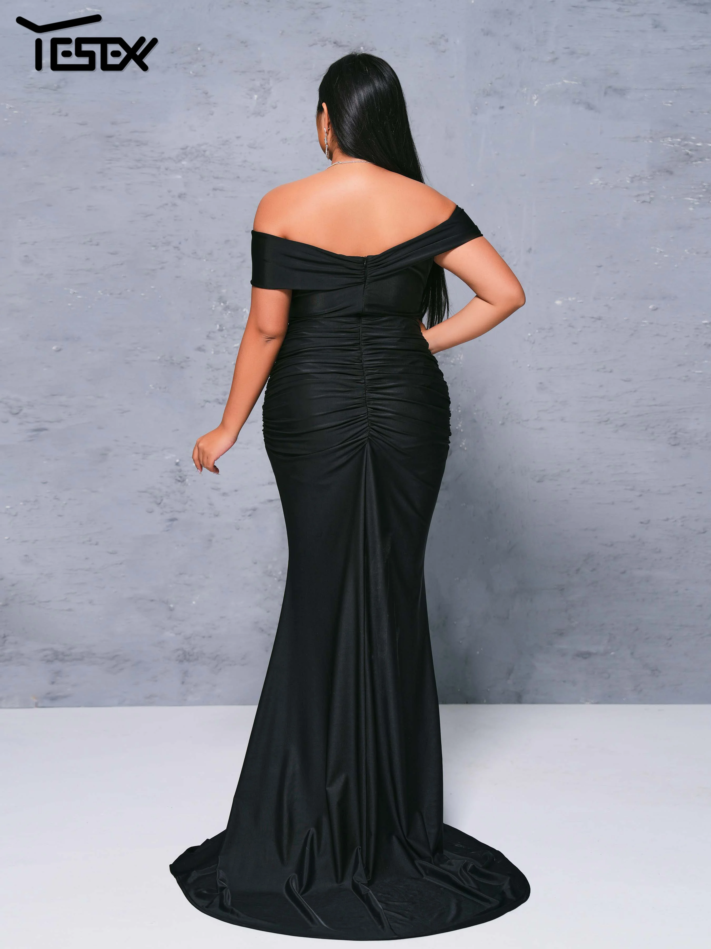 Yesexy Plus Size Black Ruched Off Shoulder Mermaid Evening Floor Length High Quality Luxury Dress