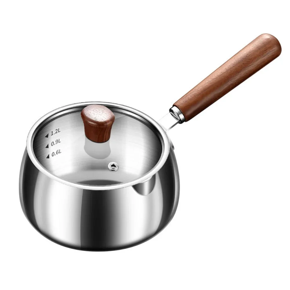 Heat Resistant Wooden Handle Small Milk Pot Made from Stainless Steel with Lid for Cooking Baby Food and Sauces