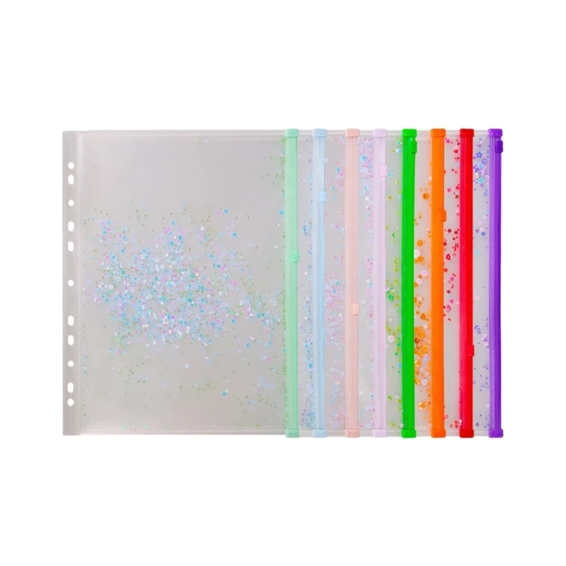  8Pcs Sparkling Clear File Envelope Zippered File Organiser Pouches With Hole
