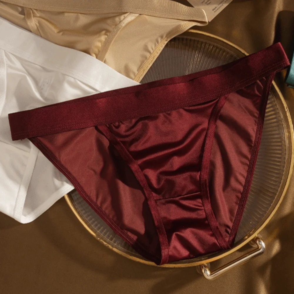 Simple Low Waist Satin Silk Briefs Solid Color Seamless Ice Silk Panties Underpants Cotton Crotch Women's Underwear Women