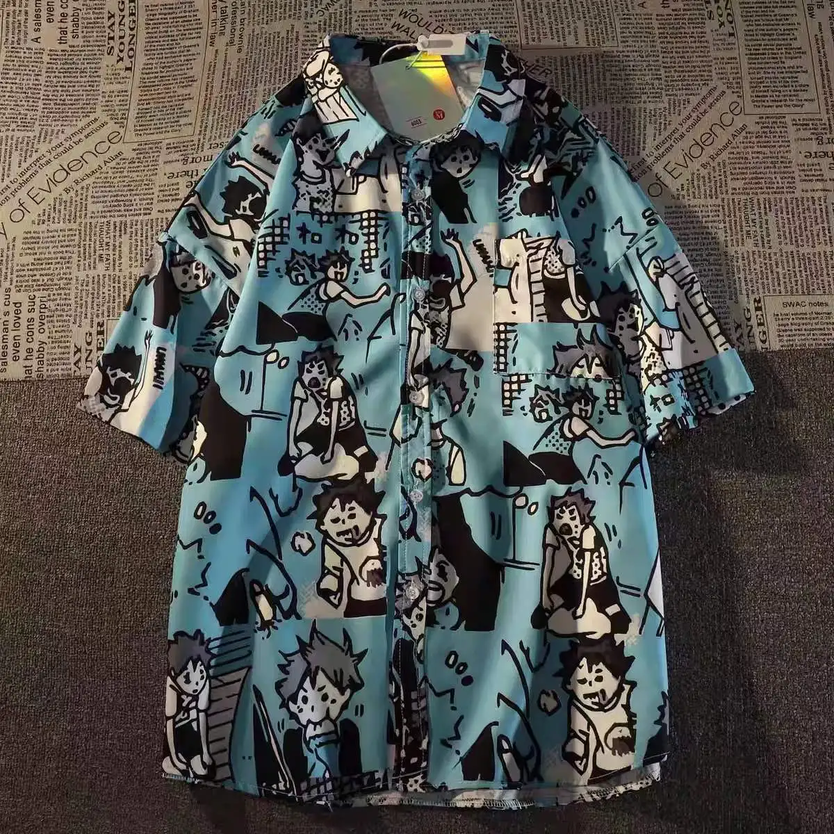 Japan Comics Boy Graffiti Anime Men Shirts Funny Beach Hawaii Button Up Shirt Loose Large 2XL Summer Tee Tops Harajuku Leisure