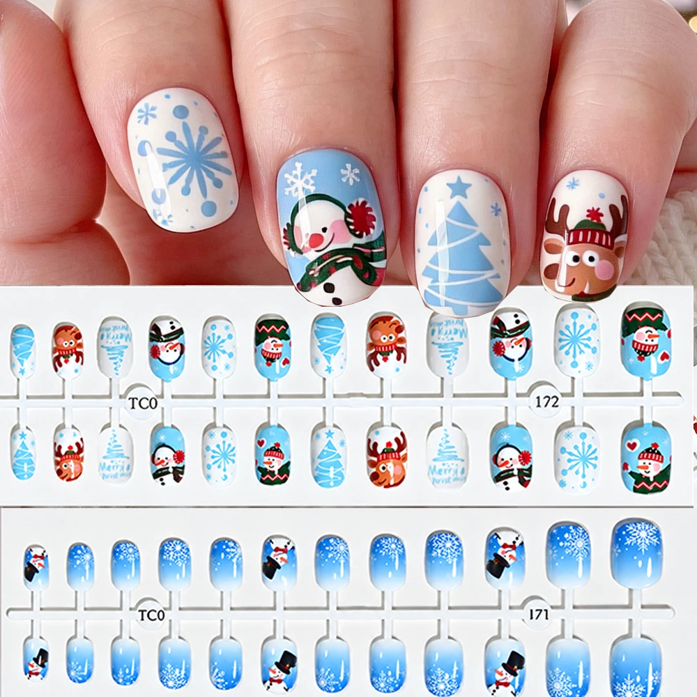 24/48pcs Kid Christmas Press On Nails Light Blue Gradient Snowflake Cartoon Snowman Elk Short Round Full Cover False Nails Faken