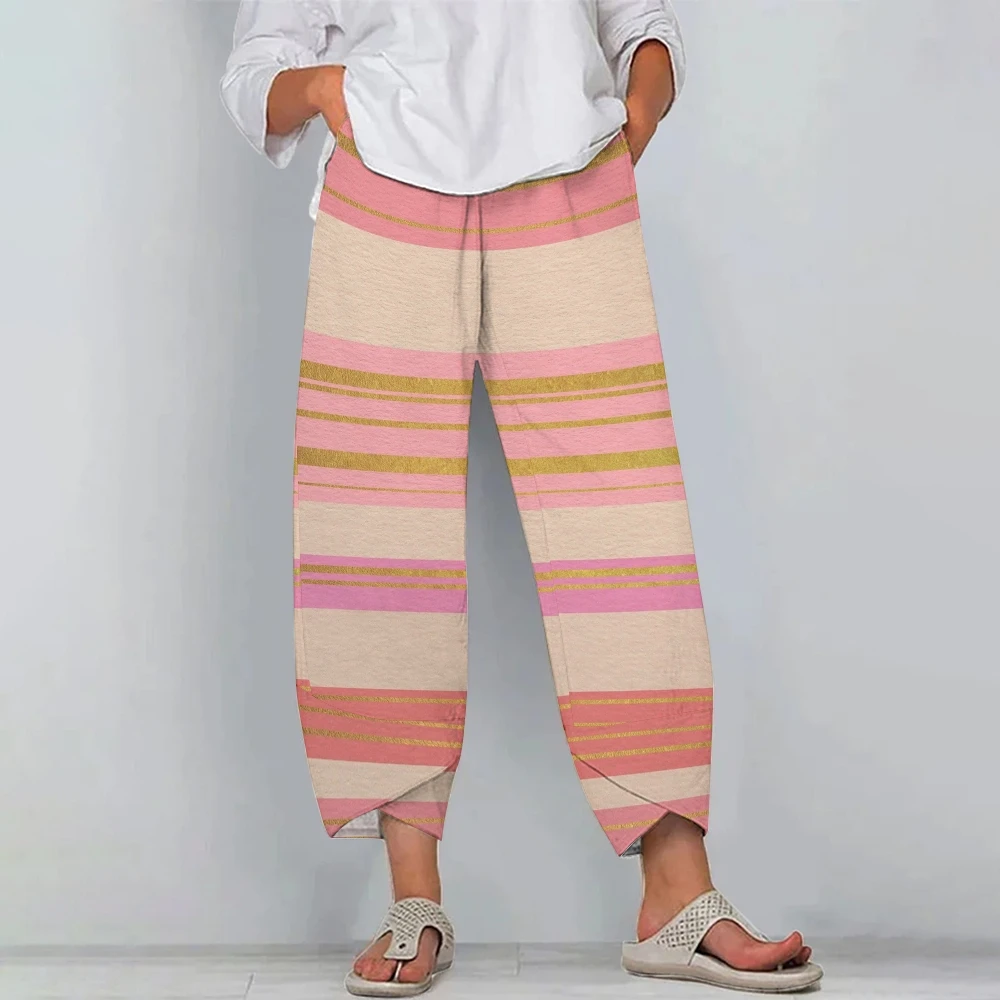 

Colorful Striped Women's Pants Vibrant Pink Beige Strips Trousers Women's Cozy Striped Bottoms Lady’s Casual Vacation Pants