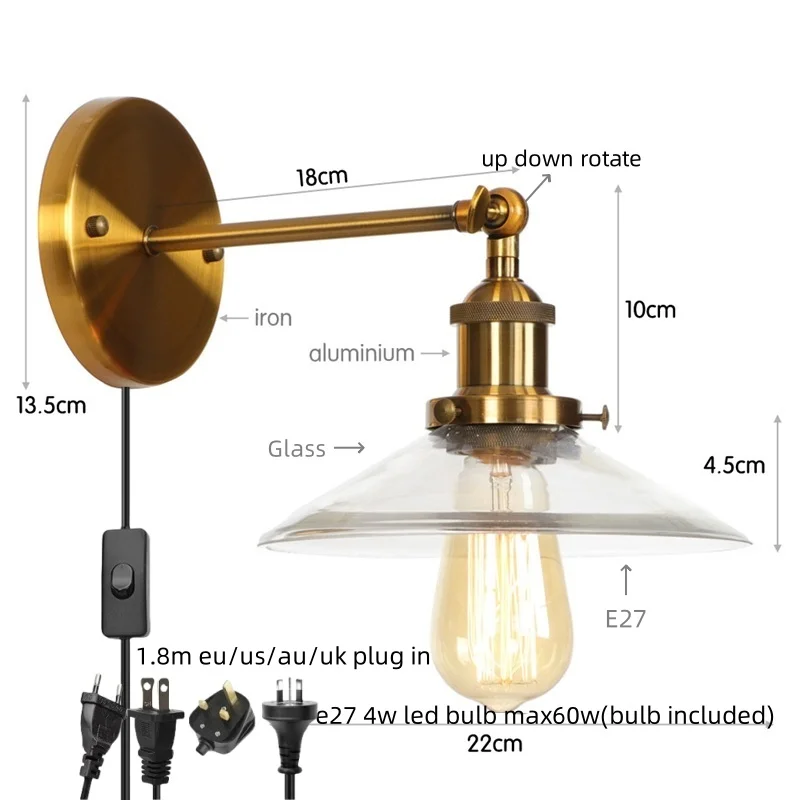 IWHD Rural Vintage industrial LED Wall Lamps Porch Balcony kitchen Plug ln lron Clear Glass Gold Bedside Lamp Lamparas De pared