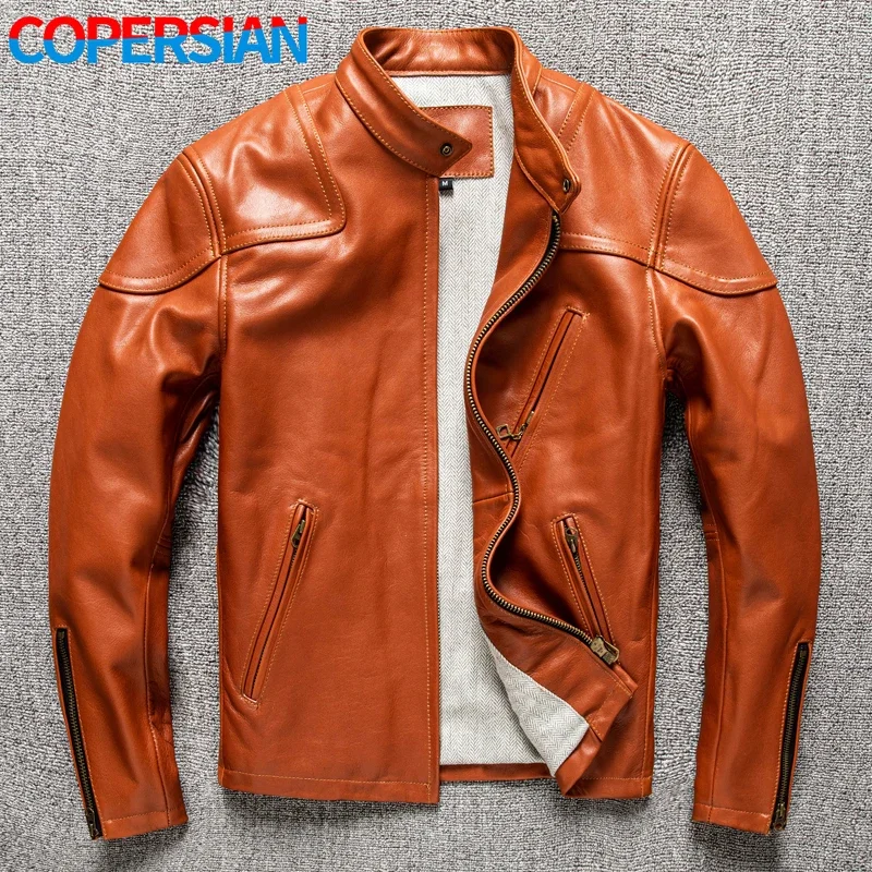2025 Spring Men's Retro Motorcycle Leather Jacket Stand Collar Slim Leather Jacket 5XL Orange Red