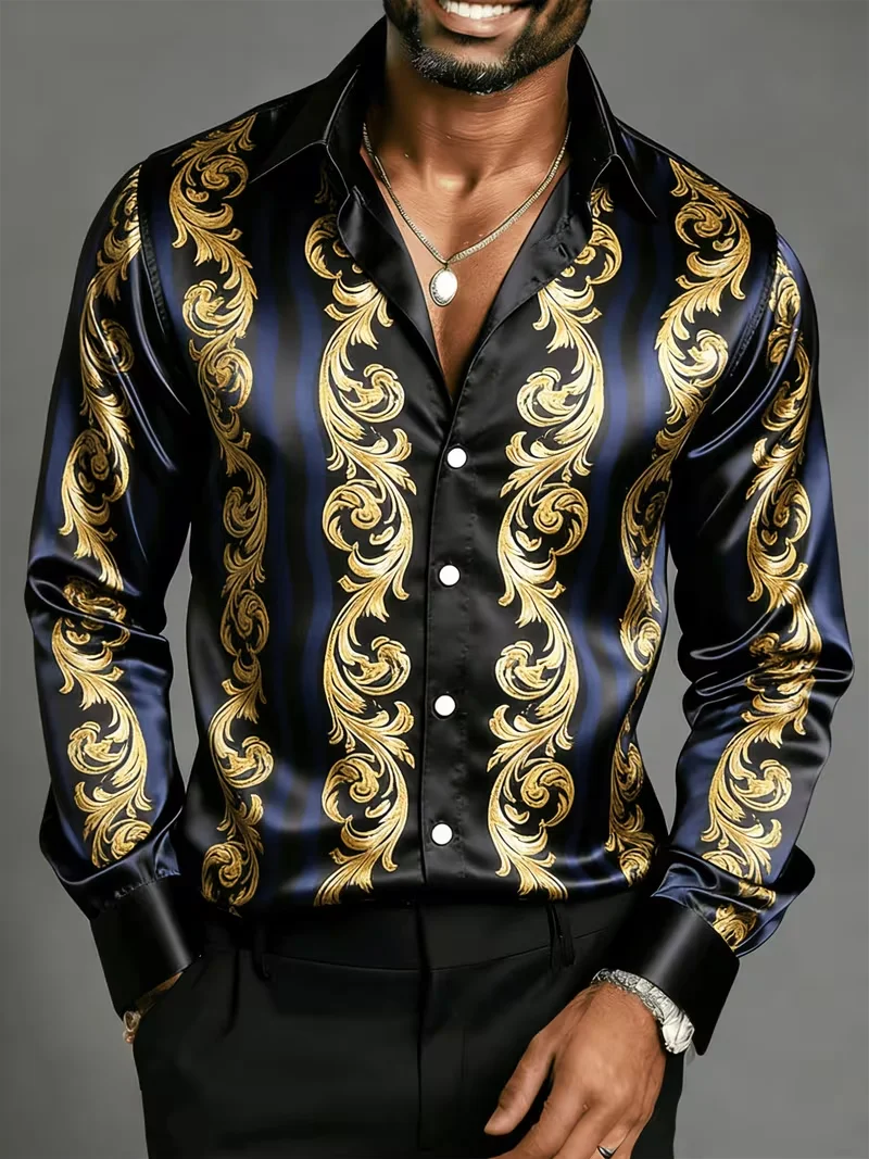 New Plaid Shirt Satin Lake Green Gold-Plated Diamond Patterned Vertical Stripe Artistic Men's Long Sleeved Shirt