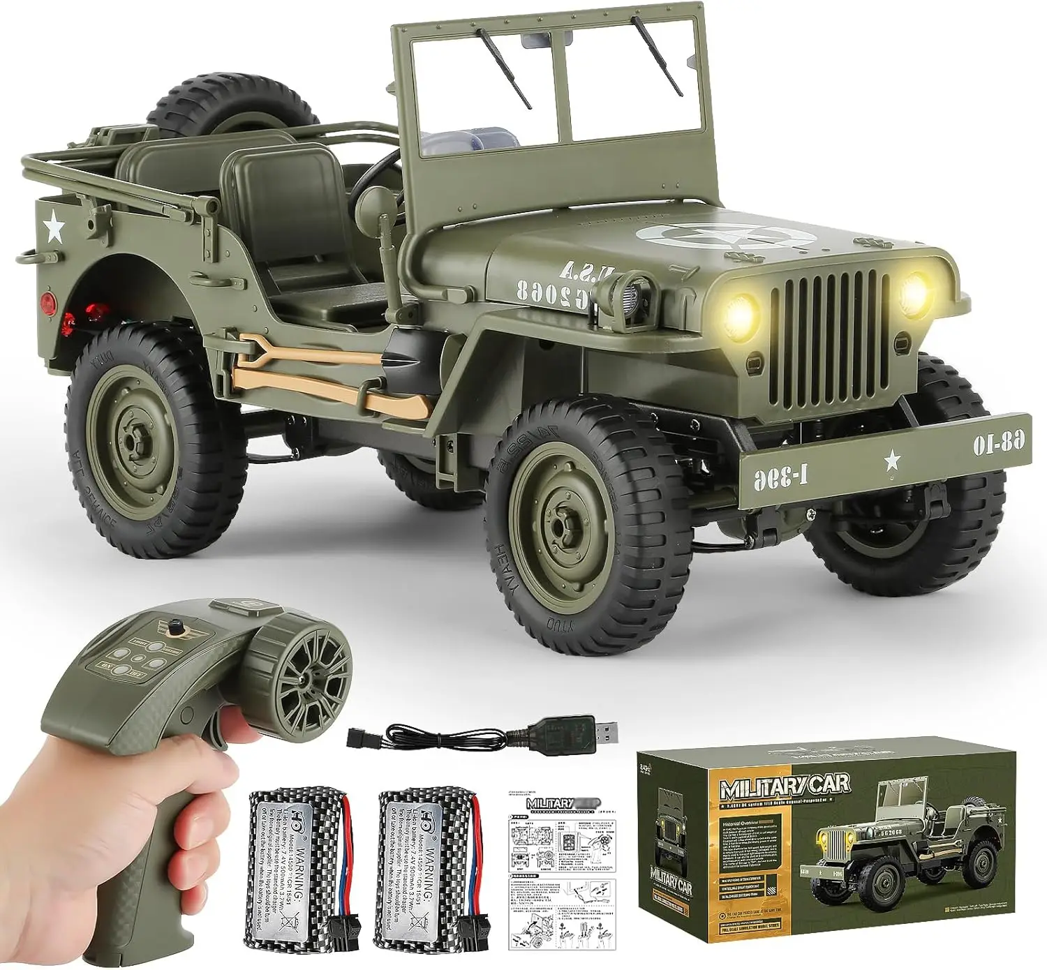 RC Military SUV 1/10 Scale 4WD Off-Road Vehicle with Alloy Frame Chassis - Opening Hood, Folding Windshield, 2 Batteries Included (Basic Version: No Capstan, No Tarpaulin)
