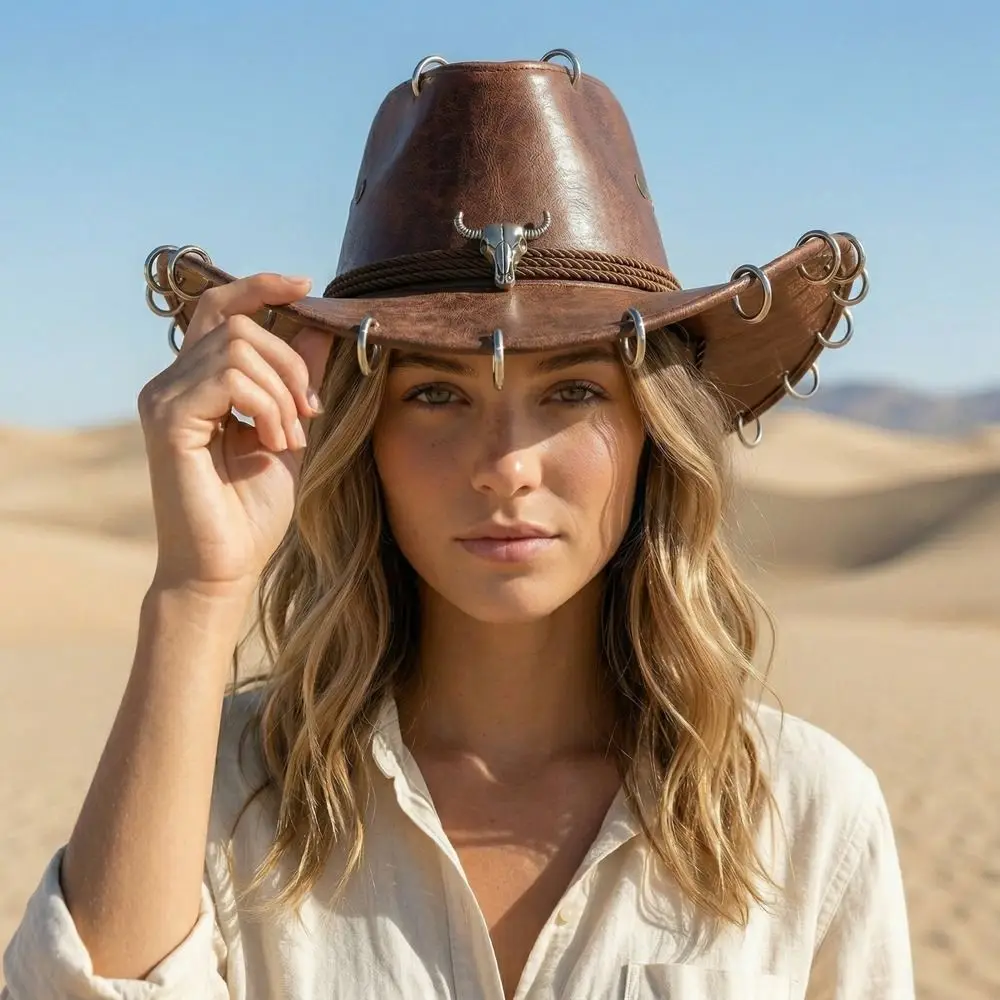 Shadow Hat Wide Brim Western Cowboy Hat Solid Color Pu Leather Panama Cap Punk Ethnic Style Summer Hat Girl