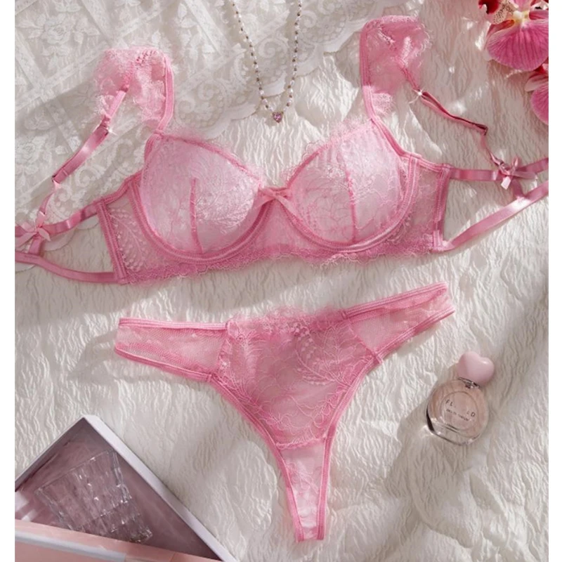 

Fairy Lace Lingerie Pink Sexy Bras Transparent Underwear Attractive 2 Pieces Lingerie Set Sexy Adult Intimate Sheer Bralette Set
