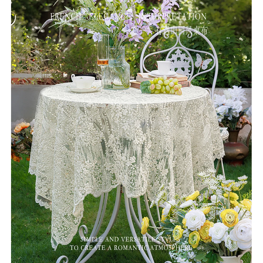 

White French lace pastoral tablecloth, literary and retro round table coffee table meal embroidered cover ins style European