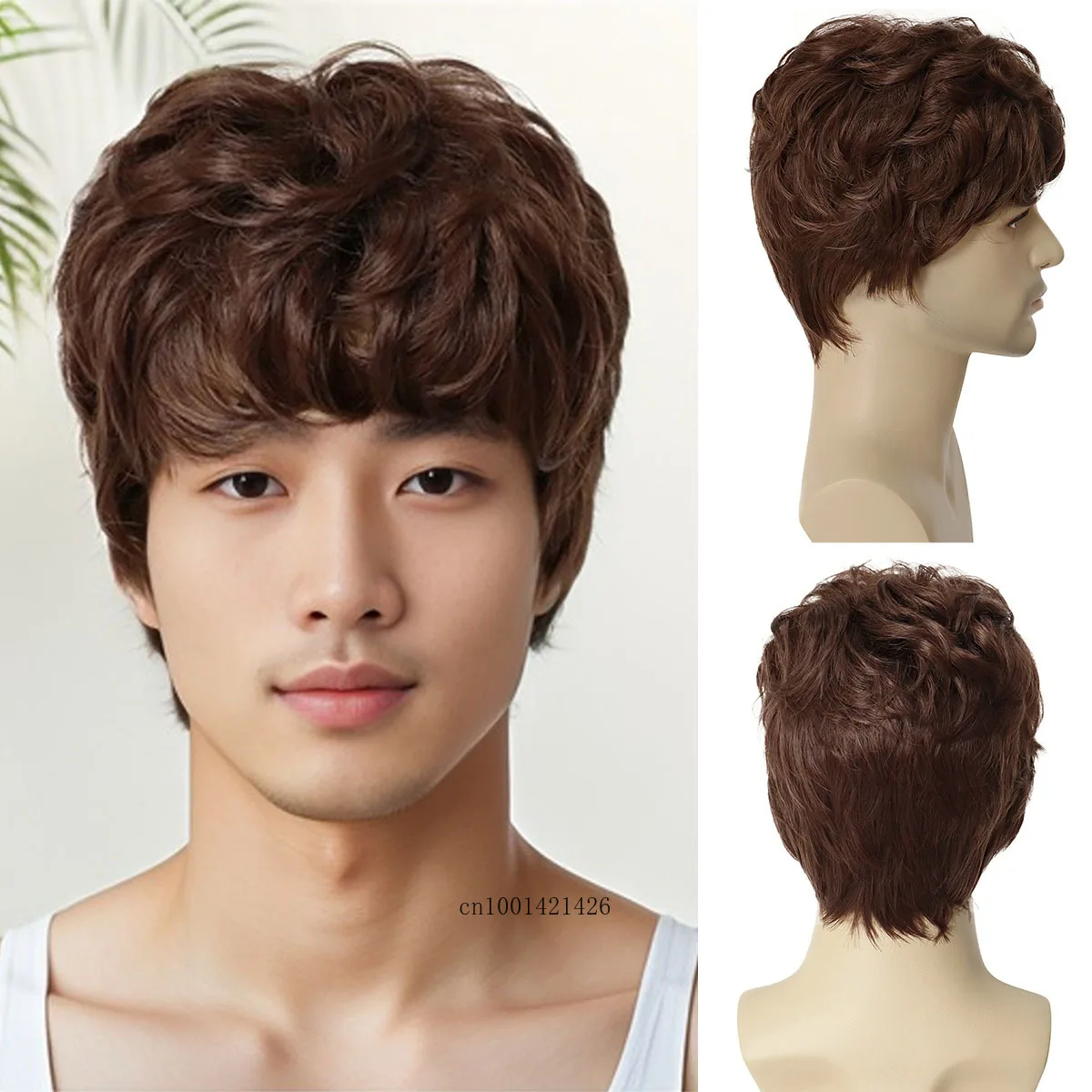 Rambut sintetis coklat Wig keriting pendek untuk pria gaya rambut alami kostum rambut Halloween Wig pria pesta karnaval Cosplay Wig Daddy