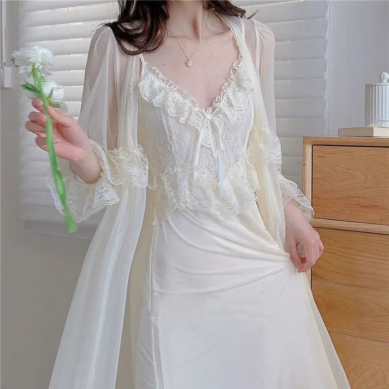 Two Piece Set Retro Palace Style Nightwear Women Nightgown Sleepwear Sexy Lace Mesh Robe Home Dressing Gown Loose Lingerie