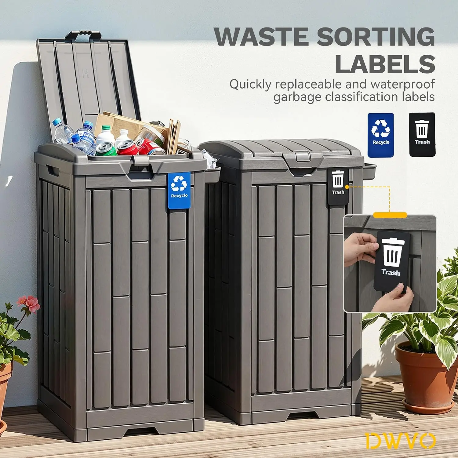 38 Gallon Outdoor Trash Can, Set of 2 Resin Garbage Bins with Lids, Includes 2 Sorting Labels, Ash Holder, Stakes & Suction Cups