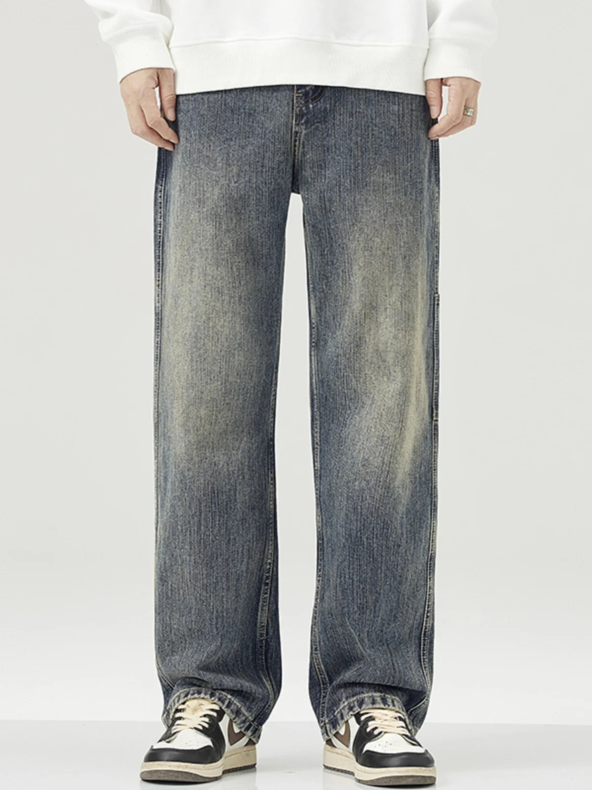 

Мужские джинсы в стиле ретро, американские, уличные, свободного прямого кроя, повседневные, из прочного эластичного денима, со средней посадкой, на молнии.