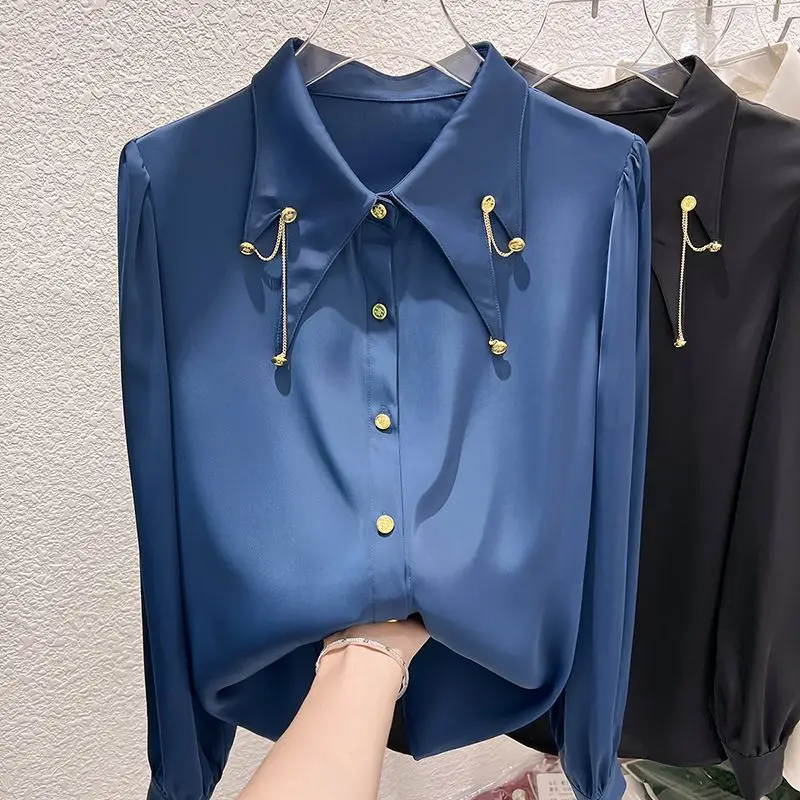 

2023 New Spring Autumn Fashion Buttons Solid Color Turn-down Collar Long Sleeve Blouse Femme Simplicity Embroidered Flares Tops