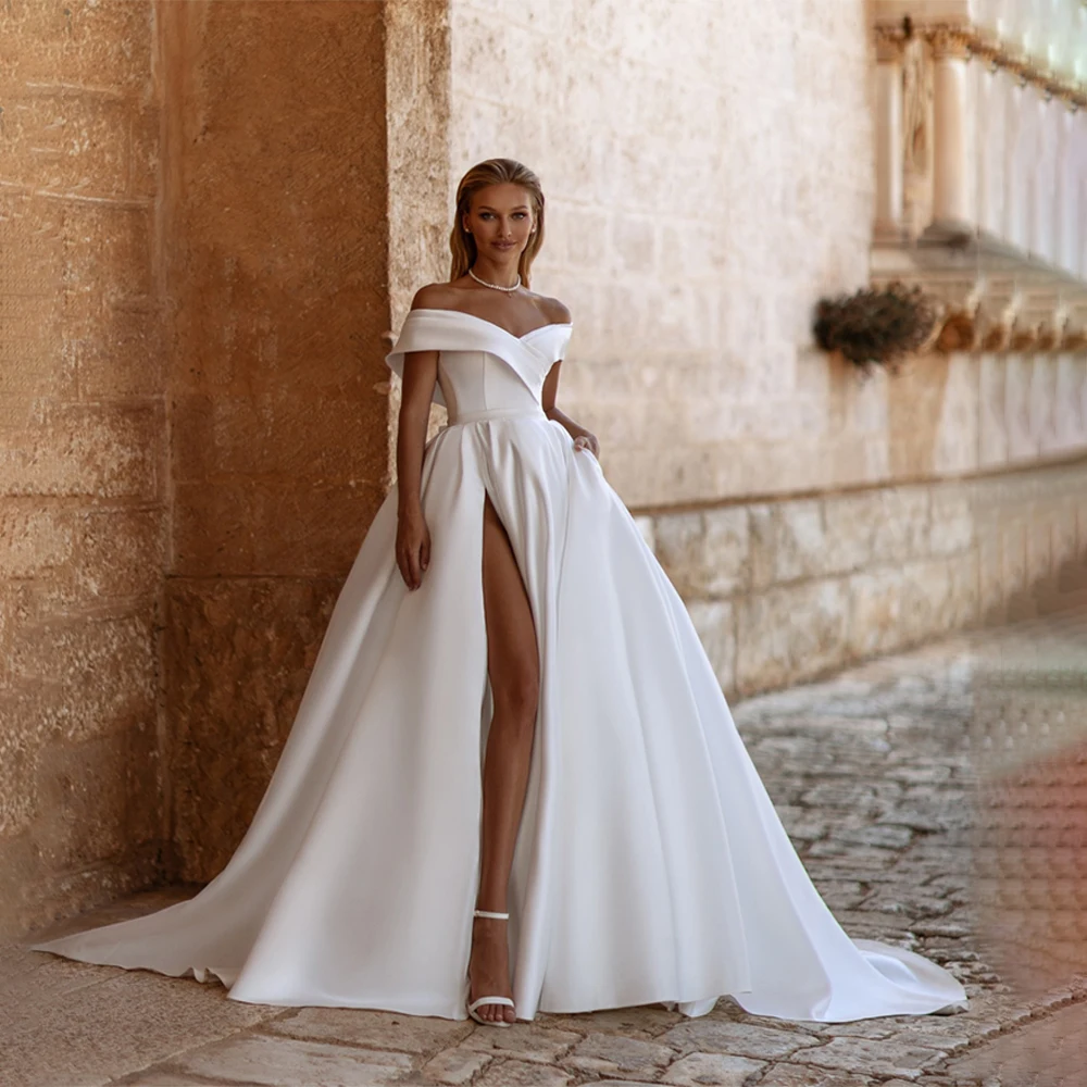 

Customized Off-Shoulder Cap Sleeve Wedding Dress A-Line Side Pocket Front Slit Backless Lace Up Evening Gowns