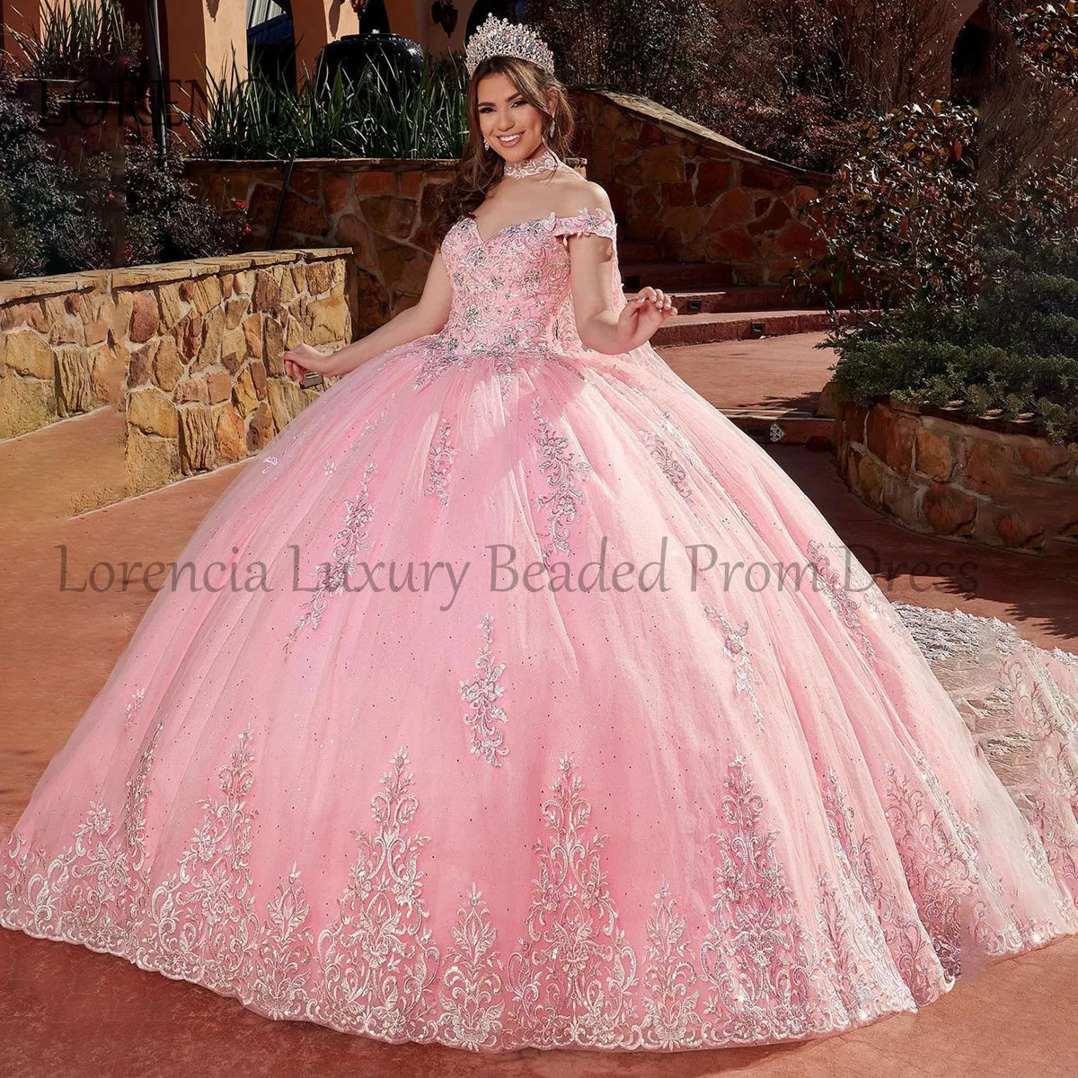 

Pink 2024 Quinceanera Dress Ball Gown Off The Shoulder Appliques Beading Crystal Sweet 16 robe chic soirée Vestidos De 15 Años