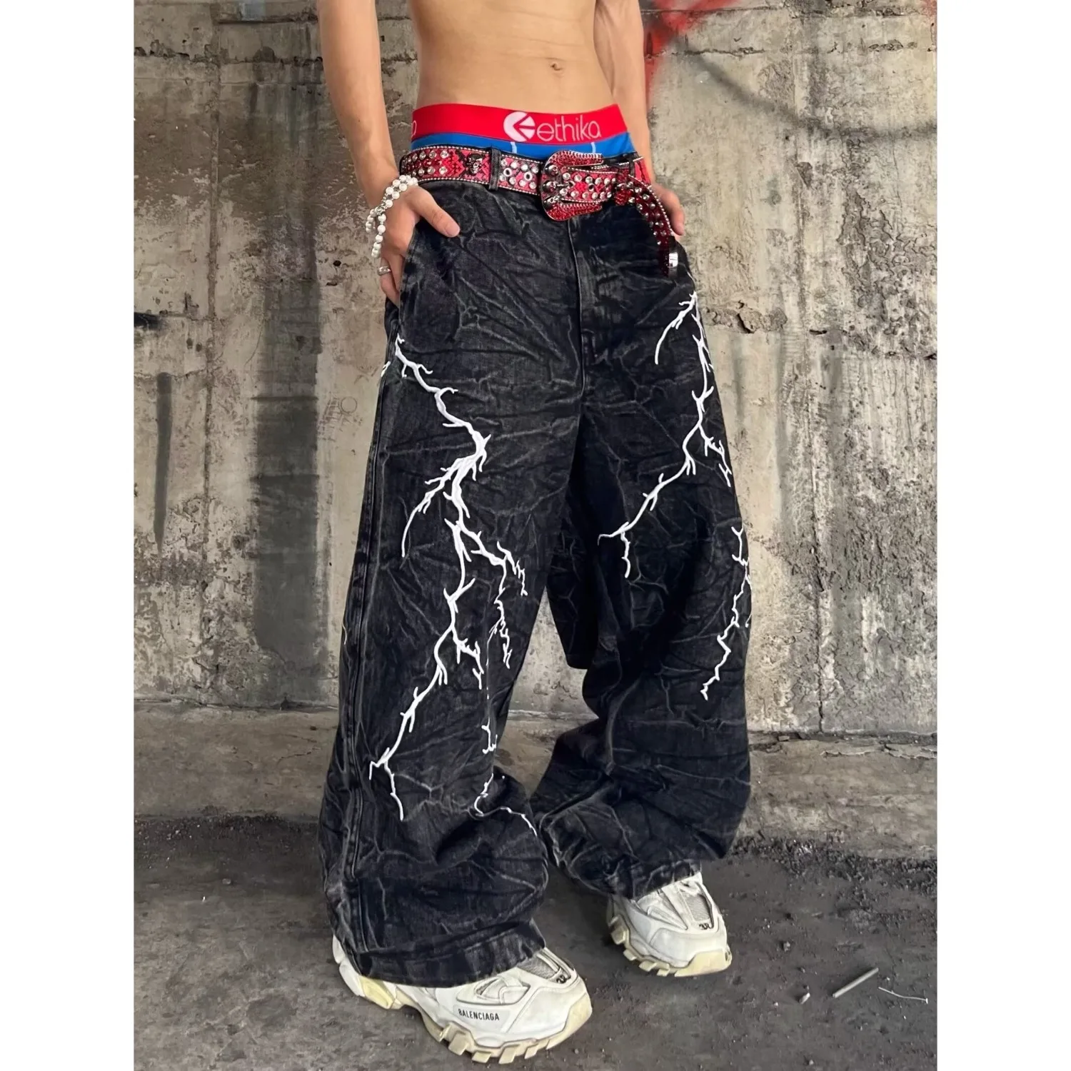 

Свободные мужские джинсы со средней талией и вышивкой длиной до пола, прямые брюки, осень-зима, большие размеры, уличные брюки