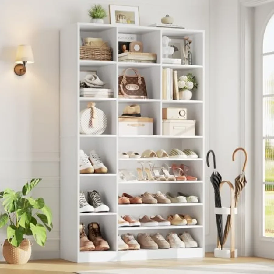 74 Tall Shoe Storage Cabinet with 12 Cubes 5-Tier Shoe Rack for Entryway, MDF, White, Space-Saving Vertical Design