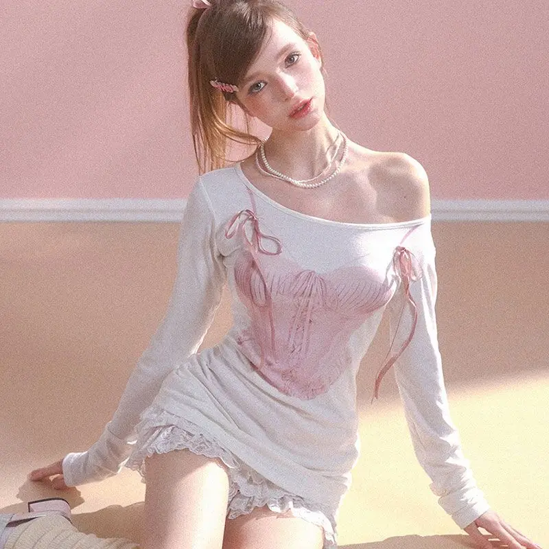 Off Shoulder White Long Sleeve T-shirts Women Sweet Korean Preppy Style Sexy Skew Collar Tees Y2k Camisetas Pink Print Bandage