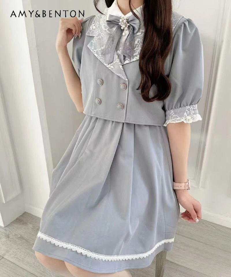 Japanese RJ Summer New Double-Breasted Fake Two-Piece Mine Series Mass-Produced Sweet Dresses Kawaii Bow Slim Lolita Mini Dress