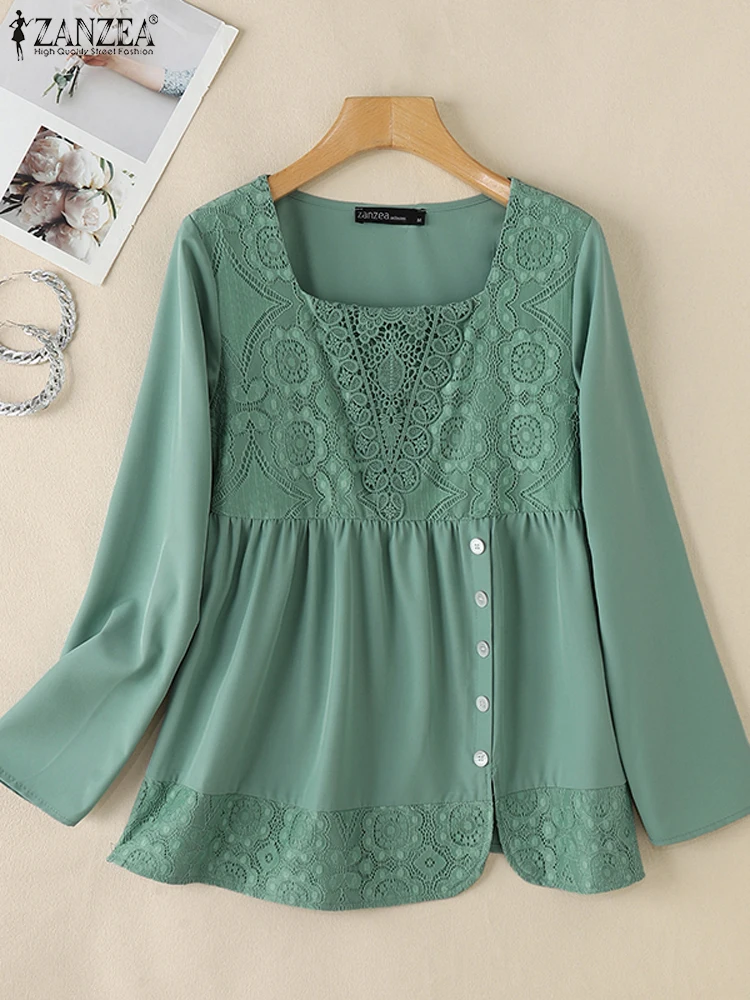 

ZANZEA Lace Insert Casual Blusas Mujer Elegant Solid Color Women Long Sleeve Blouses Loose Square Collar Autumn 2024 Tunic Tops