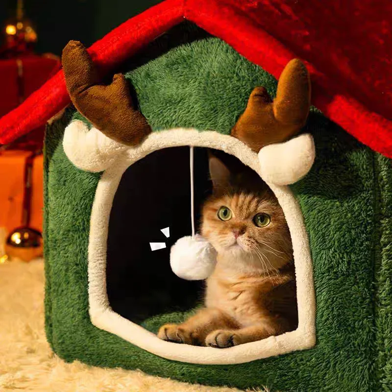 2024 Foldable Winter Christmas Pet House Detachable Thickened Closed Cat House Cats Bed Tent Four Seasons Universal Cat/Dog Nest