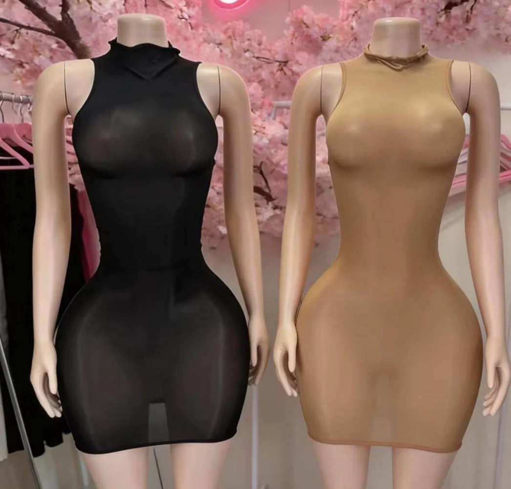 Sexy Mesh Durchsichtiges Kleid Damen Hottie Mode Ärmellos Dehnbar Figurbetont Coquette Mitternachts-Street-Party Club Bodycon Kleider – Detail 5