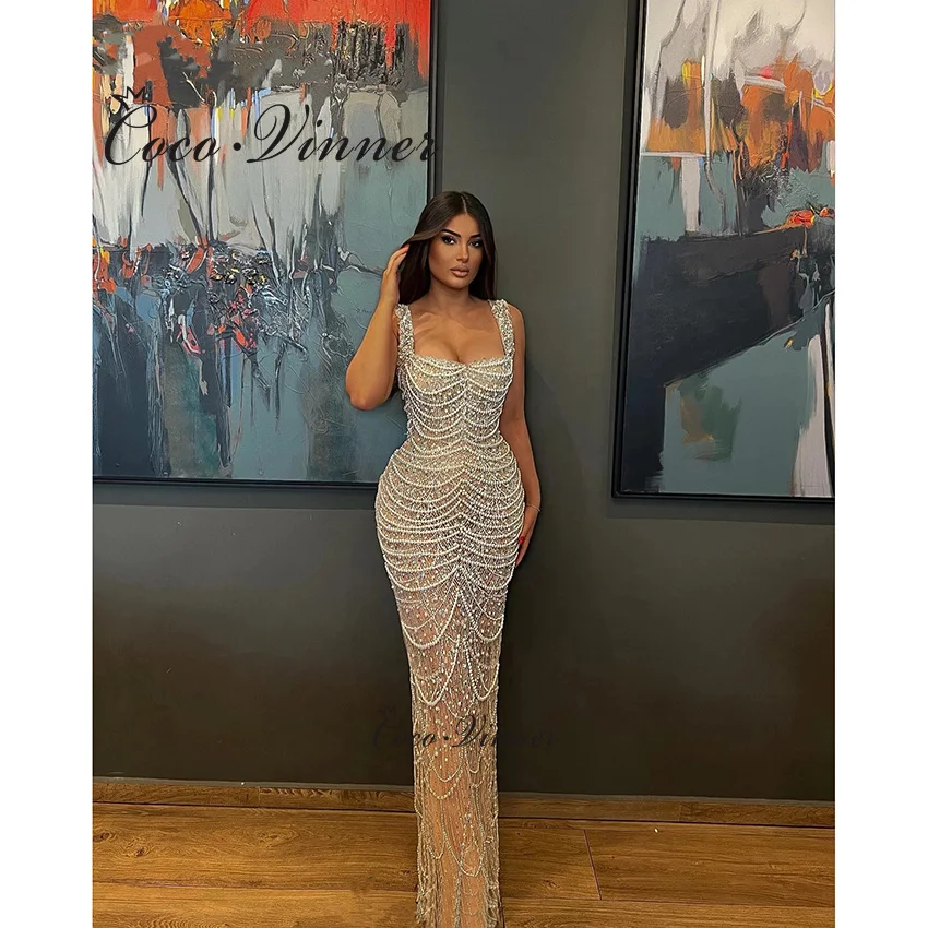 

Роскошное арабское свадебное платье русалки с тяжелым жемчугом и бисером, 2021, сексуальное свадебное платье без рукавов со шлейфом часовни W1434