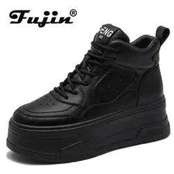 Fujin 5.5cm Genuine Leather Women Casual Shoes Platform Wedge Female Women Chunky Sneakers Spring Autumn Winter Warm Plush Shoes