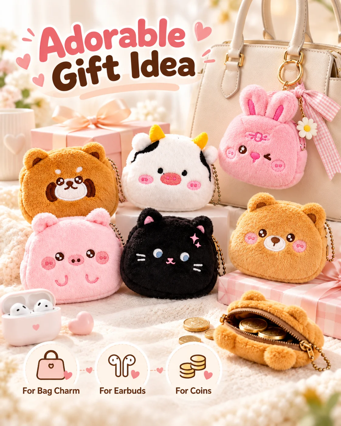 Cute Plush Pet Coin Purse, Kawaii Keychain Pouch for Girls, Cartoon Animal Bag Charm