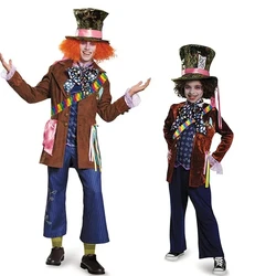 Alice in Wonderland Cosplay Mad Hatter Costumes for Men Kids Carnival Party Outfit Suit with Top Hat Halloween Roleplay Clothing