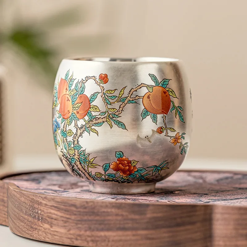 1Pc 100ML Nine Peach and Five Blessings Meditation Cup Tea Tasting Cup Hand Painted 999 Lver KungFu Teacup High-end Personal Cup