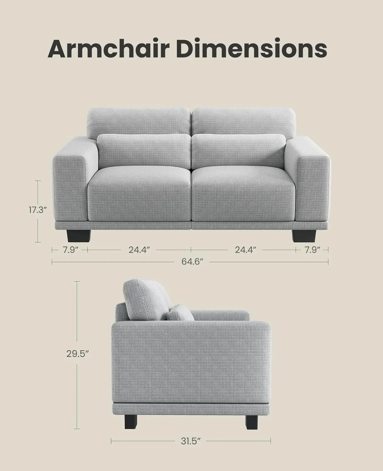 Sofá Loveseat Amada de 65', sofá de 2 plazas con asientos profundos y reposabrazos anchos, fundas lavables extraíbles, fácil montaje
