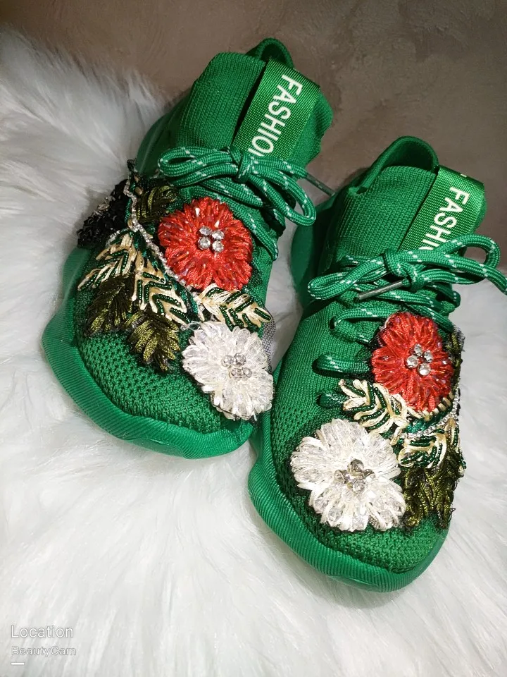 Studded Embroidered Crystal Colored Green Socks and Shoes