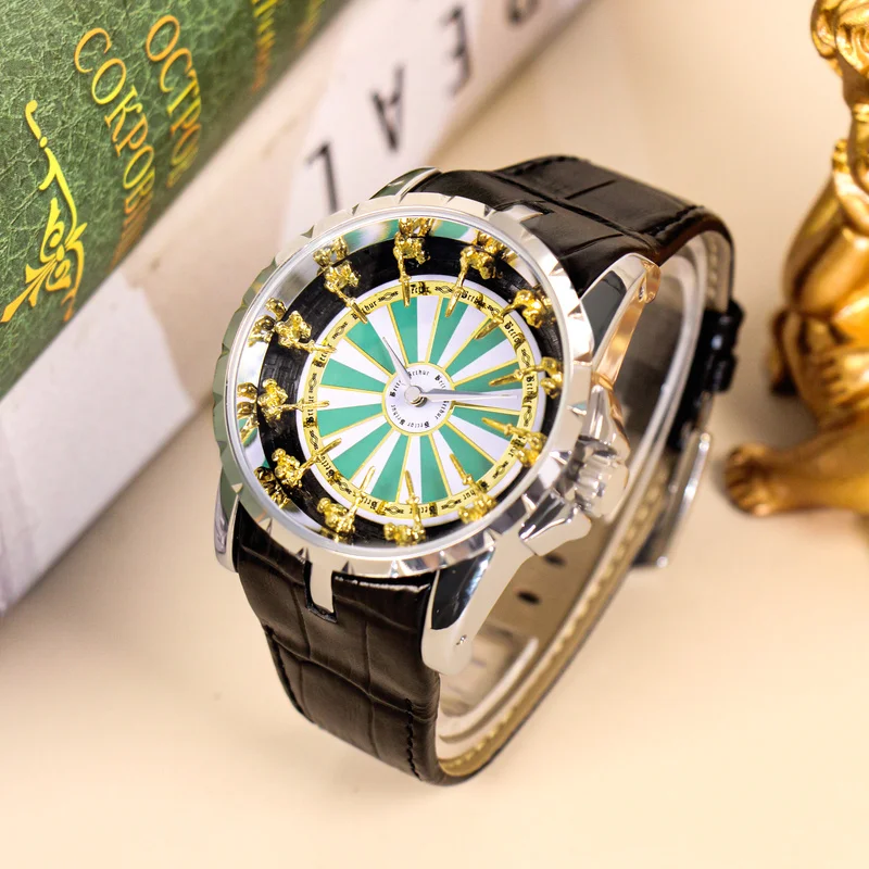 ساعة رجالية أنيقة بحزام من الجلد باللونين الفضي والأسود مع حركة كوارتز بمؤشر الفارس على الطاولة المستديرة #3