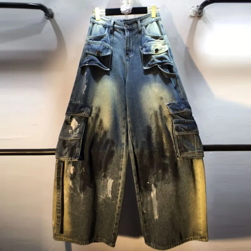 

Осень 2023, новые утягивающие джинсы с высокой талией и окрашенными широкими штанинами, прямые джинсы для работы, длинные брюки-бойфренды для женщин