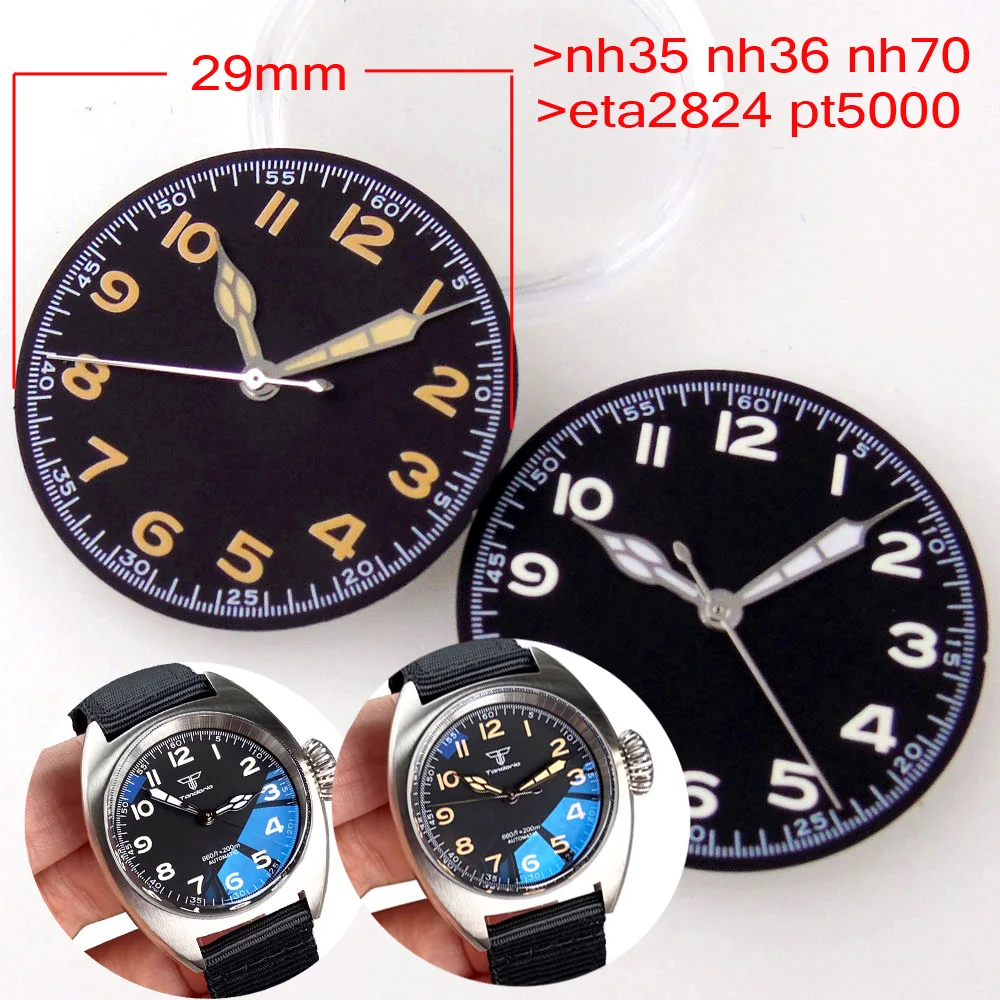 Nologo Vintage 29mm Black Watch Dial for Pilot Diver Watch NH35 NNH36 NH37 NH38 NH39 ETA2824 PT5000 ST2130 Watch Hand Set