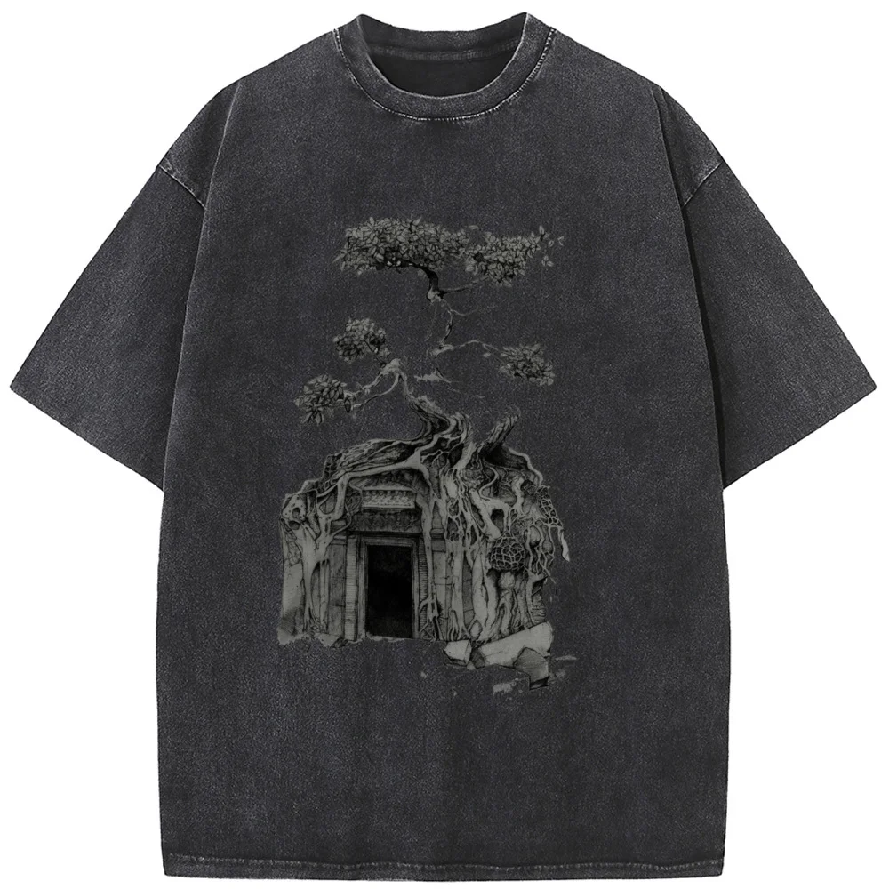 Outdoor Forest Tree House Men/Women Washed T-Shirt 230g Cotton Funny Bleached Tshirt Retro Hip Hop Bleach T shirt