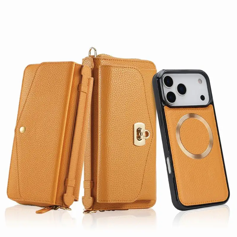 For iPhone 18 16 13 17 15 14 12 Pro Max Plus Case Zipper Wallet Bag 2 in 1 Vintage Leather Luxury Metal Buckle Phone Bags