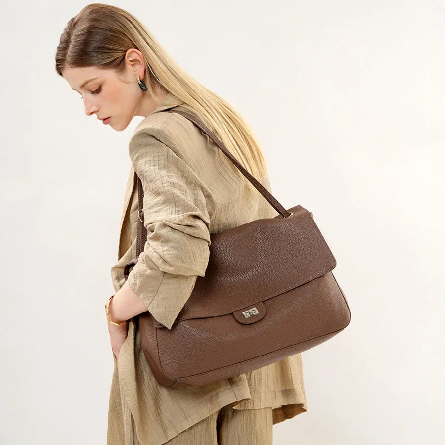 Genuine Cowhide Underarm Shoulder Bag for Women Adjustable Strap Flap Leather Work Tote Bag Large Capacity Commute Handbag image 3