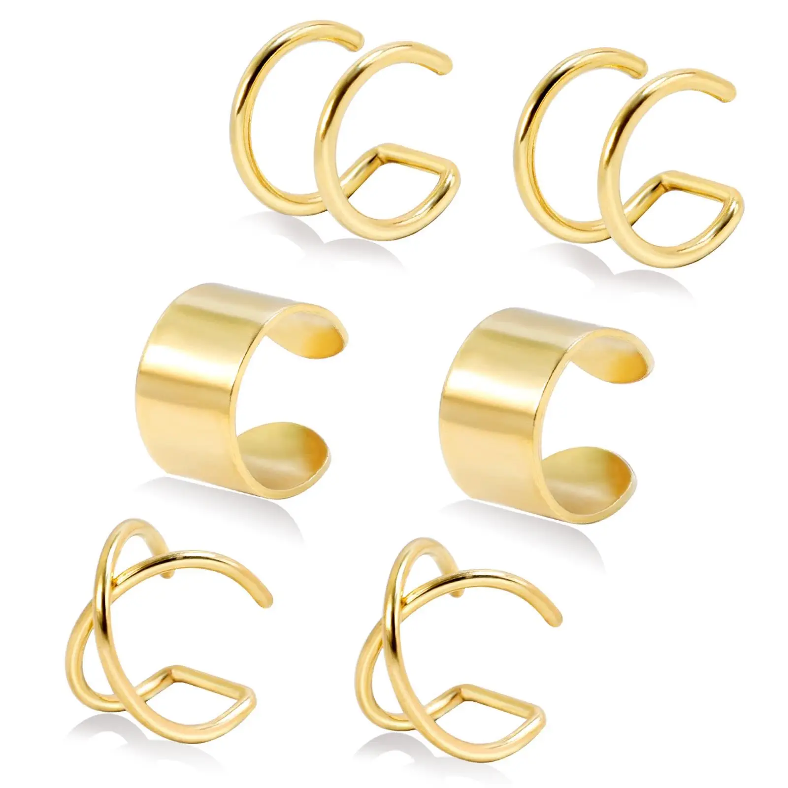 6pcs Stainless Steel Trendy Cute Simple Double Lines Ear Cuff Set Non Piercing Fake Helix Cartilage Huggie Cross Cuff Earrings