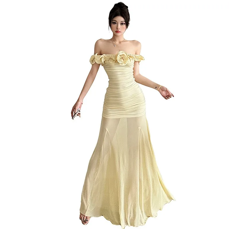 2025 Summer Cross-border New Mesh Yarn One-word Shoulder Waist Sleeveless Dress Slim Temperament Skirt Women