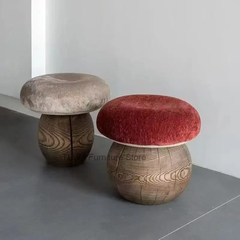 Mushroom Shaped Stool,Wood Base Plush Round Cushioned Top Creative Accent Footrest Side Table for Living Room Bedroom Entryway
