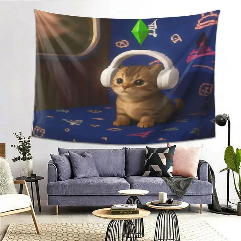 VIKAMA Wall Tapestry Healing Game Earphones Cat Tapestry Pixel Wind Simulated Life Elements Printed Print Tapestry Hanging