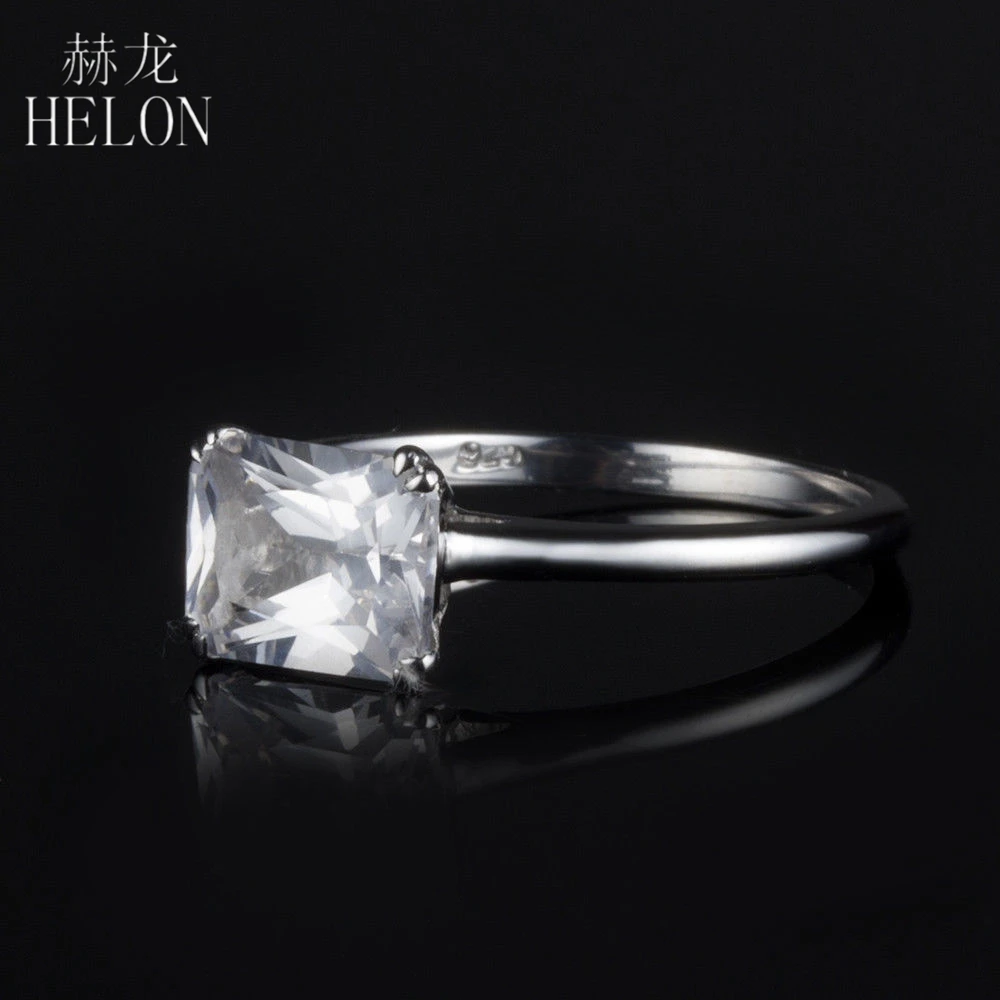 HELON Solid 14k 10k White Gold 9x7mm Emerald Cut Genuine AAA Graded Cubic Zirconia Women Fine Jewelry Engagement Wedding Ring